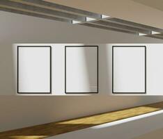 aesthetic and ciematic set of three frame mockup poster in the art gallery lit by sunlight photo