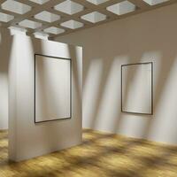 minimalist frame mockup poster in the art gallery hanging on the white wall photo