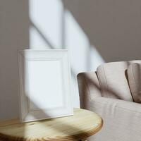 little frame mockup template on the wooden side table with beige sofa for your memories photo