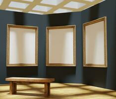 set of three classic wooden frame mockup poster hanging on the blue wall of museum with bench on the front photo