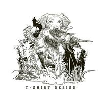 hunting dog t-shirt design catching ducks in a swamp. black and white design vector