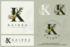 Vector Hand Drawn Floral Alphabet Monogram or Logo. Letter with Flowers and Branches. Artistic flowers. Floral Design Element. Logo brand identity with the initial K