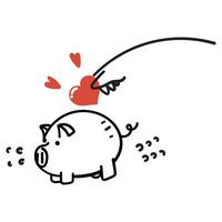 hand drawn doodle put love in the piggy bank vector