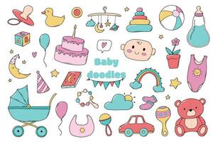 Set of baby doodles, toys, clip art, cartoon elements isolated on white background for stickers, prints, cards, signs, icons, sublimation, decor, etc. EPS 10 vector