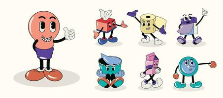 Set Sticker Pack of Retro Characters in 70s Style. Vintage Comic Characters vector