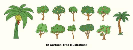 conjunto de dibujos animados árbol ilustraciones. dibujos animados y dibujado a mano estilo bosque árbol vector