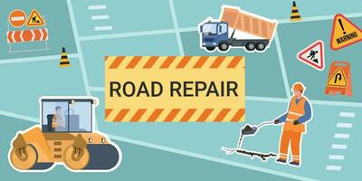 Road Repair Flat Collage vector