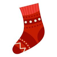 Empty christmas sock stocking isolated on white. Decorative red sock with white fur and patches. Vector illustration.