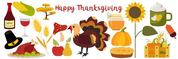 Set of colorful vector cartoon icons for thanksgiving day and happy thanksgiving.