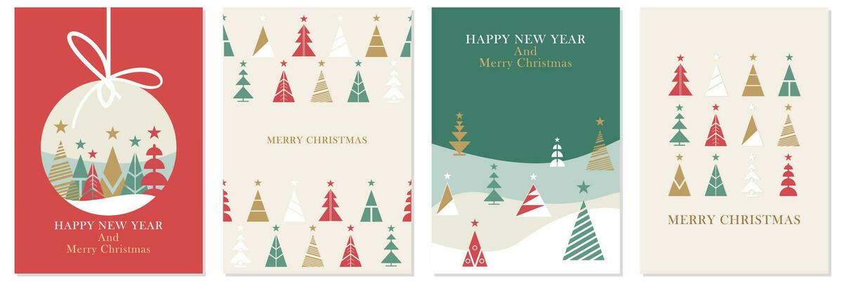 Merry Christmas and Happy New Year Set of greeting cards, posters, holiday covers. Modern Xmas design with triangle firs pattern in green, red, white colors. Christmas tree, ball, decoration elements.
