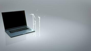 Modern laptop next to three wind turbines for green energy production. Render, background, Concept clean energy sources video