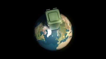 Green garbage can symbolic pollution, climate change on earth globe. Animation against black background video