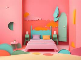 modern interior of a bedroom with a pink wall, paper cut style photo