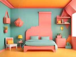 modern interior of a bedroom with a pink wall, paper cut style photo