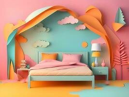 modern interior of a bedroom with a pink wall, paper cut style photo