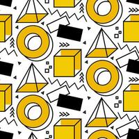 A pattern of Memphis-style elements. Universal trendy yellow-black geometric shapes are combined with bright, bold contour elements. Design elements for a magazine, flyers, sales. Geometric shapes vector