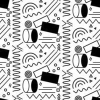 A pattern of Memphis-style elements. Universal trendy black geometric shapes and lines are combined with bright, bold contour elements. Design elements for a magazine, flyers, sales. Geometric shapes vector