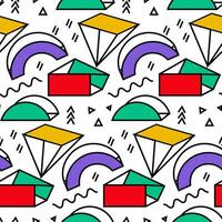 A pattern of Memphis-style elements. Universal trendy multicolored geometric shapes and lines are combined with bright, bold contour elements. Design elements for a magazine, flyers, sales. Geometric vector