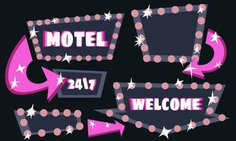 A set of pointers and arrows for the hotel on a dark background. Elements of a set for a street sign. Advertising space. Glowing elements to attract attention at night. Billboard. signboard with lamps vector