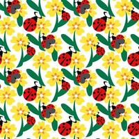 Seamless background of a blooming summer meadow with yellow flowers and a red ladybug on a white background. Vegetable background with an insect for wallpaper, printing. Children's vector illustration