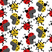 Seamless pattern with yellow and red ladybugs on a white background. Vector flat illustration. Abstract, geometric insect with legs and wings in dots, spreading and flying in different directions