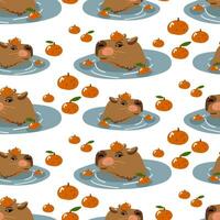 Capybara swims in water with tangerines seamless pattern. The animal is swimming and only the head is visible. Texture of baby fabric, cartoon, cute character on a white background with tangerines vector