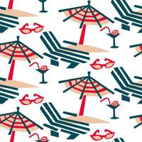 Summer seamless vector pattern. Vintage colors, view of the Riviera beach. Sun loungers, umbrellas, glasses, cocktail, beach on a white background. Texture in the theme of relaxing on the beach