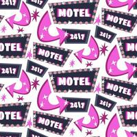 The pattern is a motel sign with an arrow in pink colors. Luminous sign on a white background with glare from light bulbs, Open 24 by 7. Repeating seamless background with directions vector