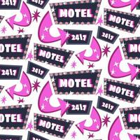 The pattern is a motel sign with an arrow in pink colors. Luminous sign on a white background with glare from light bulbs, Open 24 by 7. Repeating seamless background with directions vector