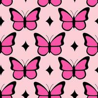 Pink emo seamless pattern with butterflies and stars. Y2k. Black and pink. Retro style of the 2000s. vector