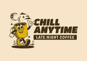 frío en cualquier momento, tarde noche café. mascota personaje ilustración de caminando café jarra vector