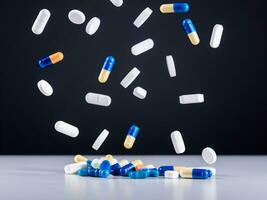 pills and capsules with dark background photo