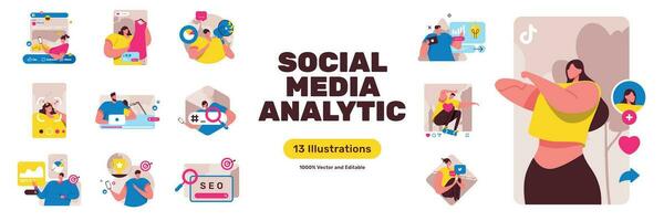 Social Media Analytic with Analytics, Journey, Hashtag and Keyword, Ads, Campaign for Presentation, UI illustration either for Applications or Websites vector