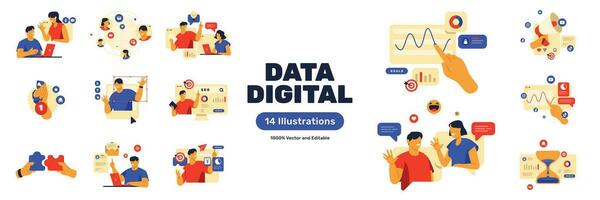 Data Digital Illustration with Strategy, Solution, SEO, Analytics, Communication, Network, Advertising for presentation, UI illustration either for Applications or Websites vector