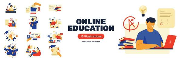 Online Education Illustration with Video Class, Online Class, Graduation, Learning, Online Book, Online Graduation for Presentation, UI illustration either for Applications or Websites vector