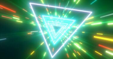 Abstract green energy futuristic hi-tech tunnel of flying triangles and lines neon magic glowing background photo