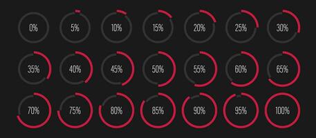 Set of circle percentage diagrams from 0 to 100 ready to use for web design user interface UI or infographic indicator with red vector