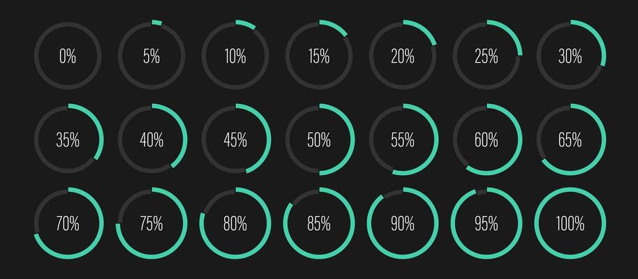 Set of circle percentage diagrams from 0 to 100 ready to use for web design user interface UI or infographic indicator with green