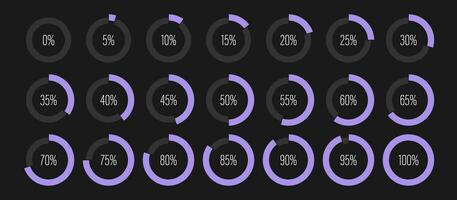 Set of circle percentage diagrams from 0 to 100 ready to use for web design user interface UI or infographic indicator with purple vector