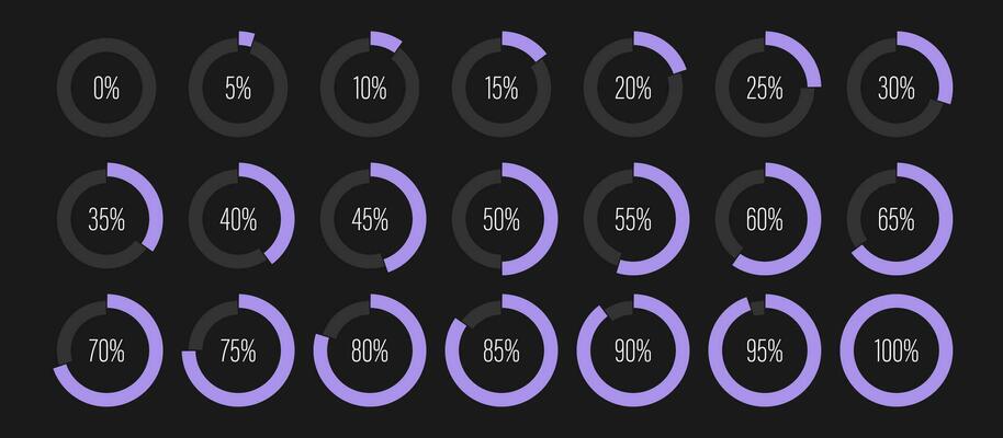Set of circle percentage diagrams from 0 to 100 ready to use for web design user interface UI or infographic indicator with purple