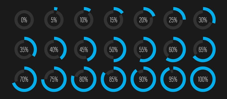 Set of circle percentage diagrams from 0 to 100 ready to use for web design user interface UI or infographic indicator with blue