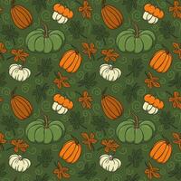 Autumn cozy colored pumpkins seamless pattern. Green, white, orange and brown pumpkins on dark green background with leaves. Cute design vector