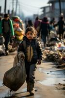 niños agarrando querido pertenencias cruce fronteras en buscar de la seguridad foto