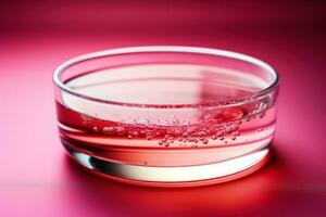 Petri dish with growing virus cultures isolated on a gradient red background photo