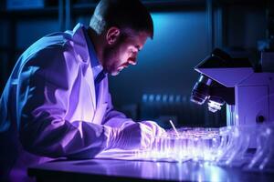 Infectious disease expert analyzing samples isolated on a gradient purple background photo