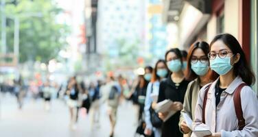 Urban residents maintaining healthy gaps while queueing during pandemic period photo