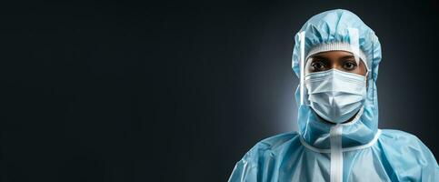 Medical specialist donning a PPE suit isolated on a gradient white background photo