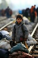 Children clutching cherished belongings crossing borders in search of safety photo