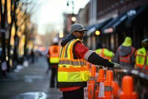 City workers implementing crowd control methods during virus outbreak photo