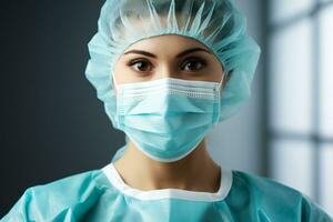 Medical specialist donning a PPE suit isolated on a gradient white background photo